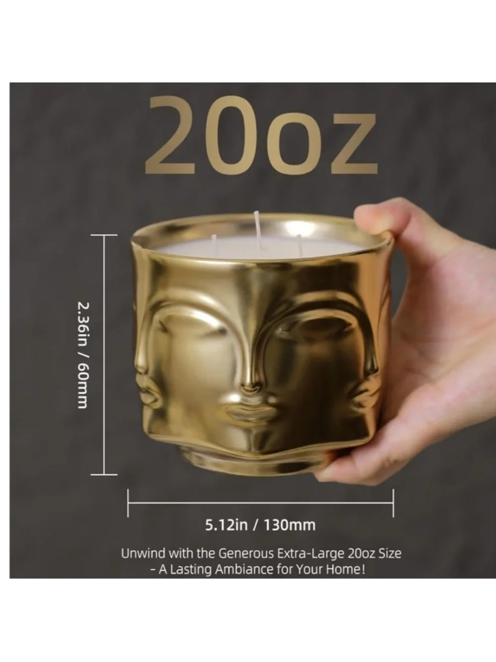 Decorative Triple-Wick Face 100% Soy Candle in Gold